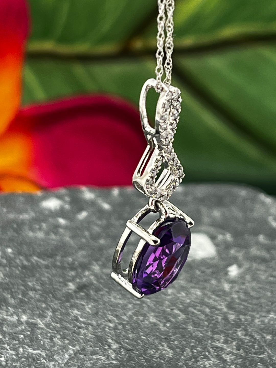 10K White Gold Amethyst and Diamond Necklace