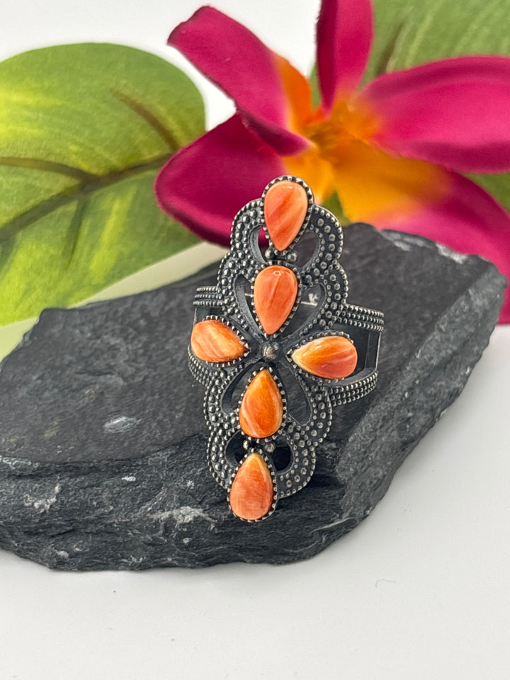 Orange Spiny Oyster Cross and 925 Sterling Silver Ring Size 10