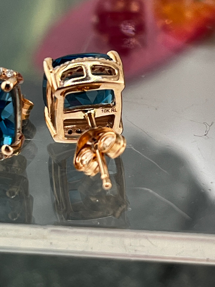 10K Rose Gold London Blue Topaz and Diamond Earrings