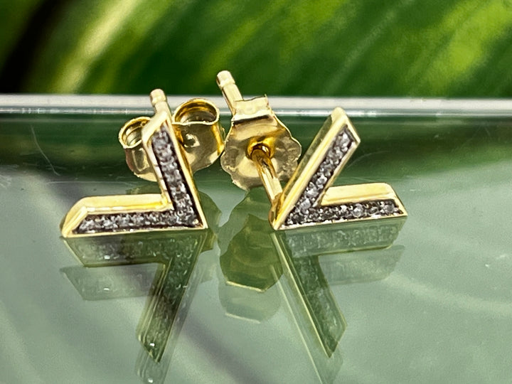 10K Gold Letter V Diamond Earrings