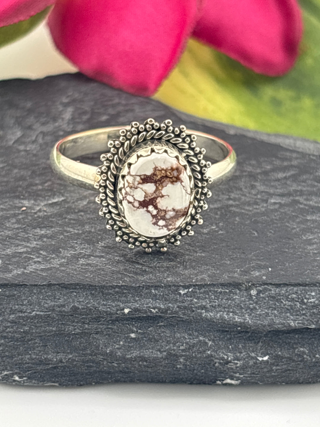 Round Wild Horse Jasper and 925 Sterling Silver Ring Size 11.5