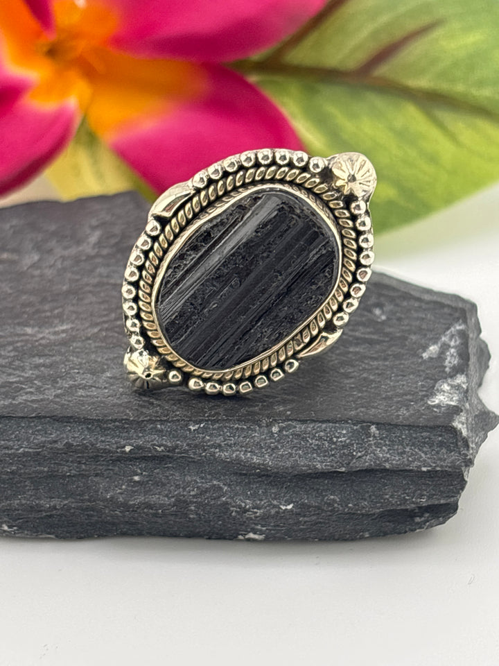 Raw Black Tourmaline and 925 Sterling Silver Ring Size 7