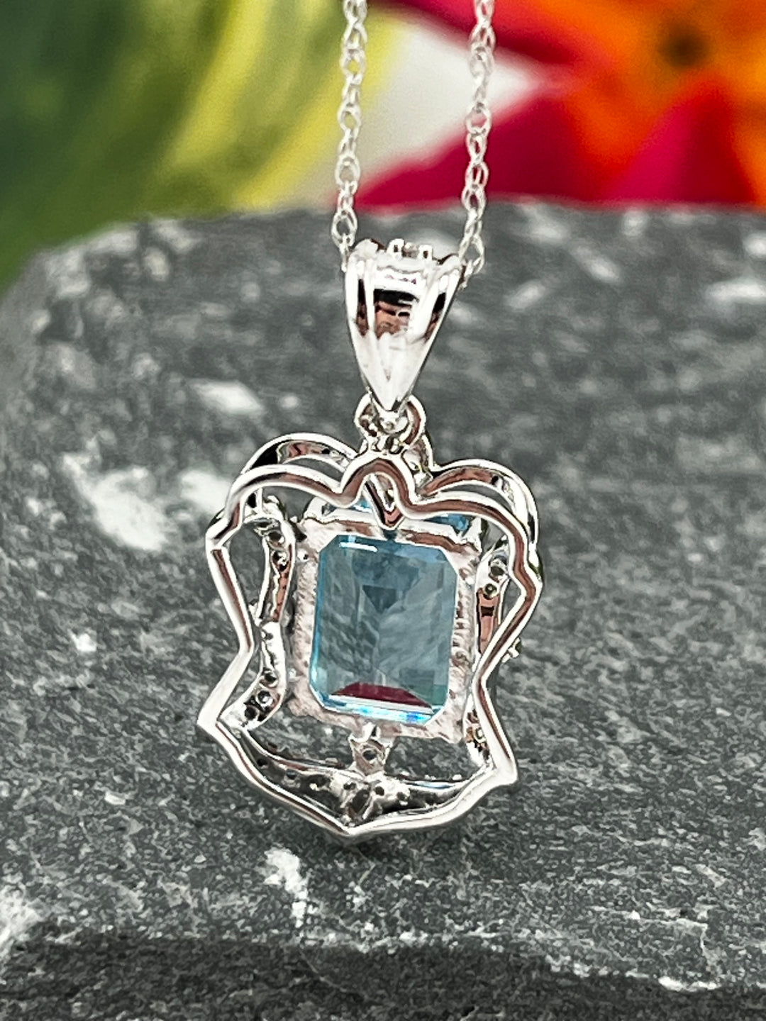 10K White Gold Blue Topaz and Diamond Necklace