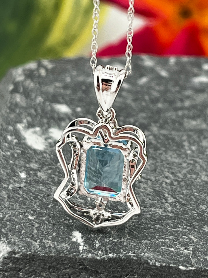 10K White Gold Blue Topaz and Diamond Necklace