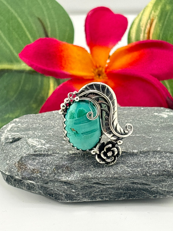 Hubei Turquoise w/Floral Design Ring Size 7 Adjustable