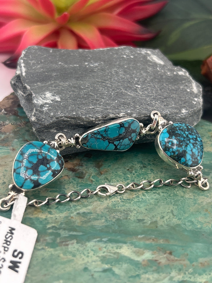 Southwest 925 Sterling Silver Triple Dry Creek Turquoise Bracelet