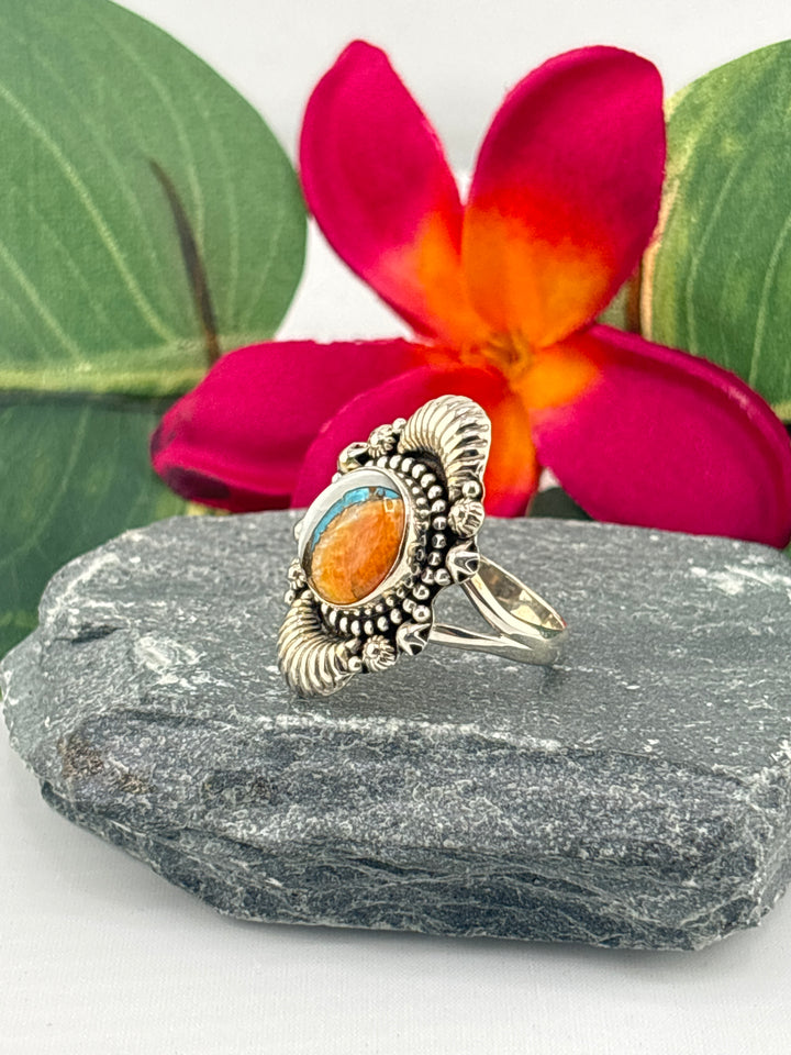 Spiny Oyster Copper Turquoise Ring Size 9.25