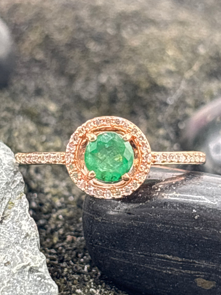 10k Rose Gold, Natural Diamond and Emerald Ring Size 7