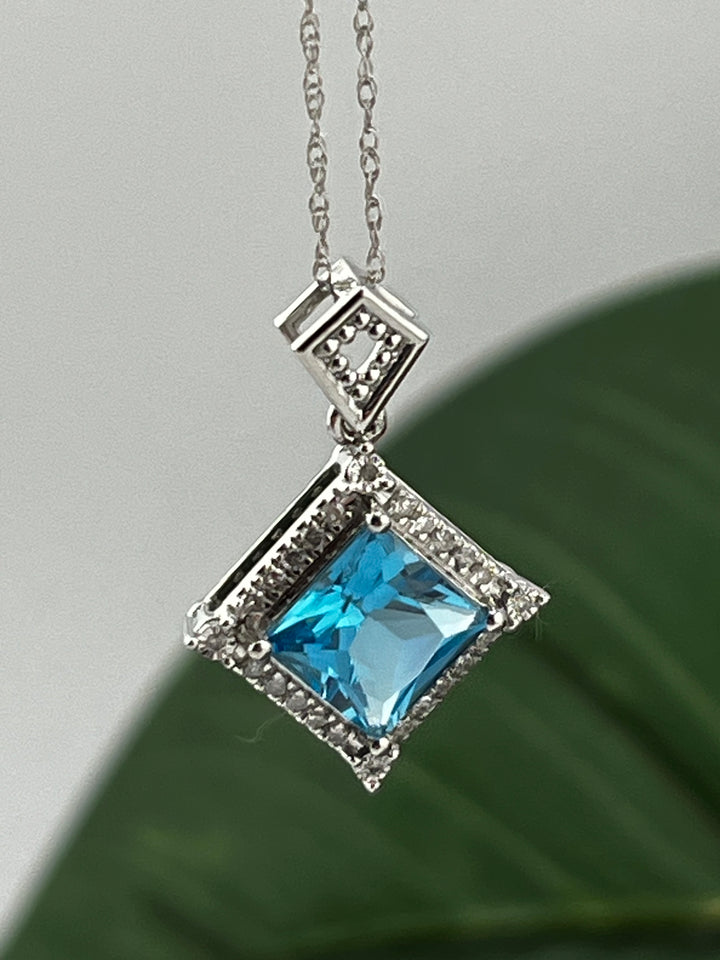 10K White Gold Blue Topaz and Diamond Necklace