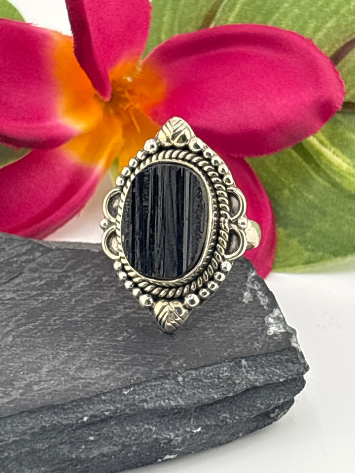 Raw Black Tourmaline and 925 Sterling Silver Ring Size 8