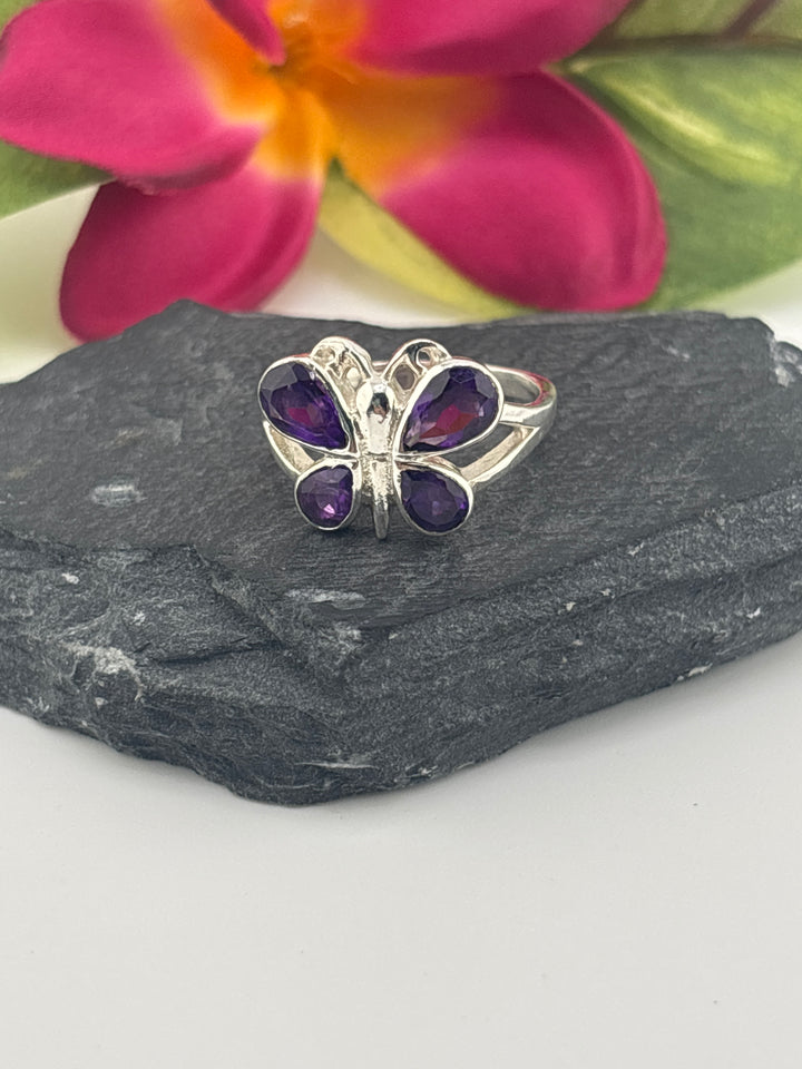 Amethyst Butterfly and 925 Sterling Silver Ring Size 9.75