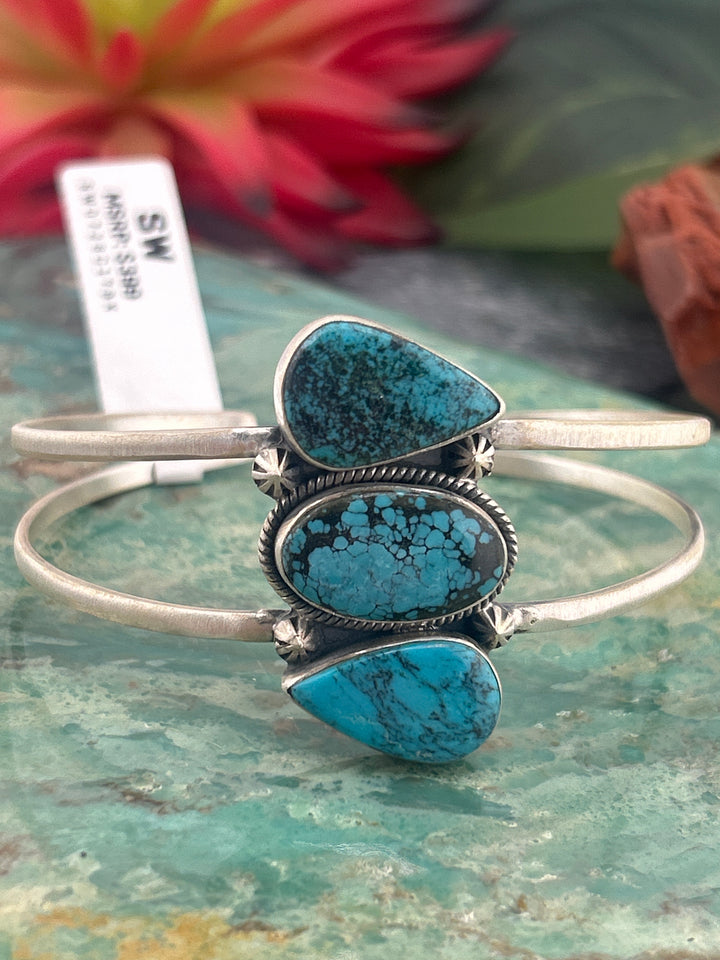 Southwest 925 Sterling Silver Triple Dry Creek Turquoise Cuff