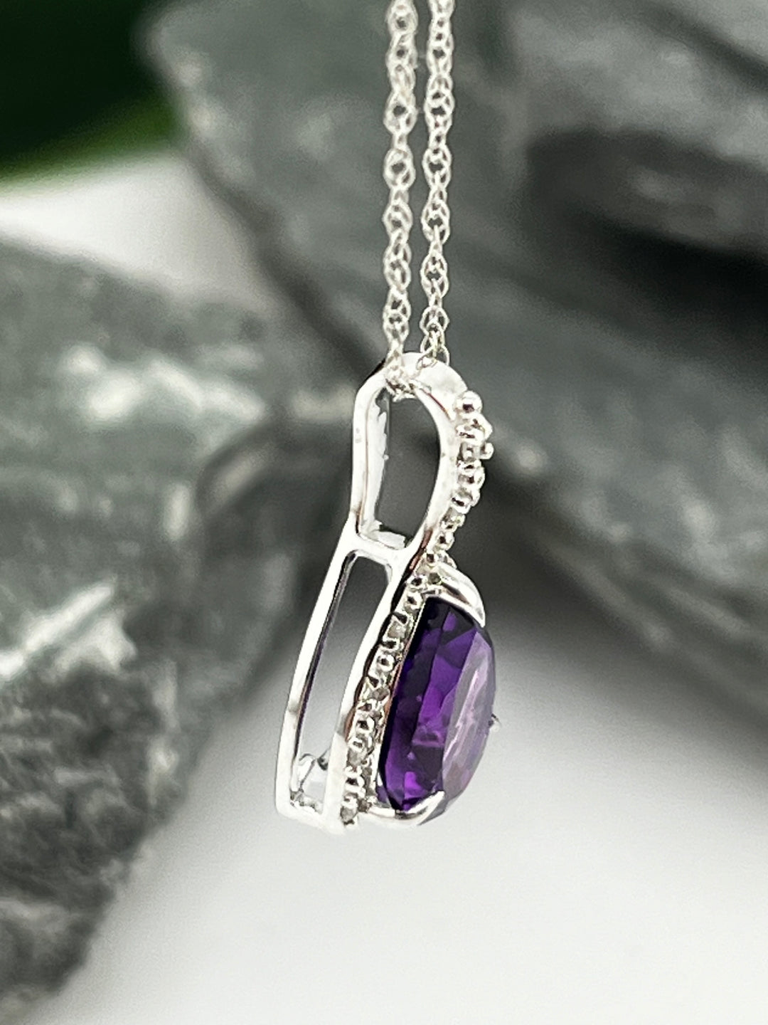 10K White Gold Amethyst and Diamond Necklace