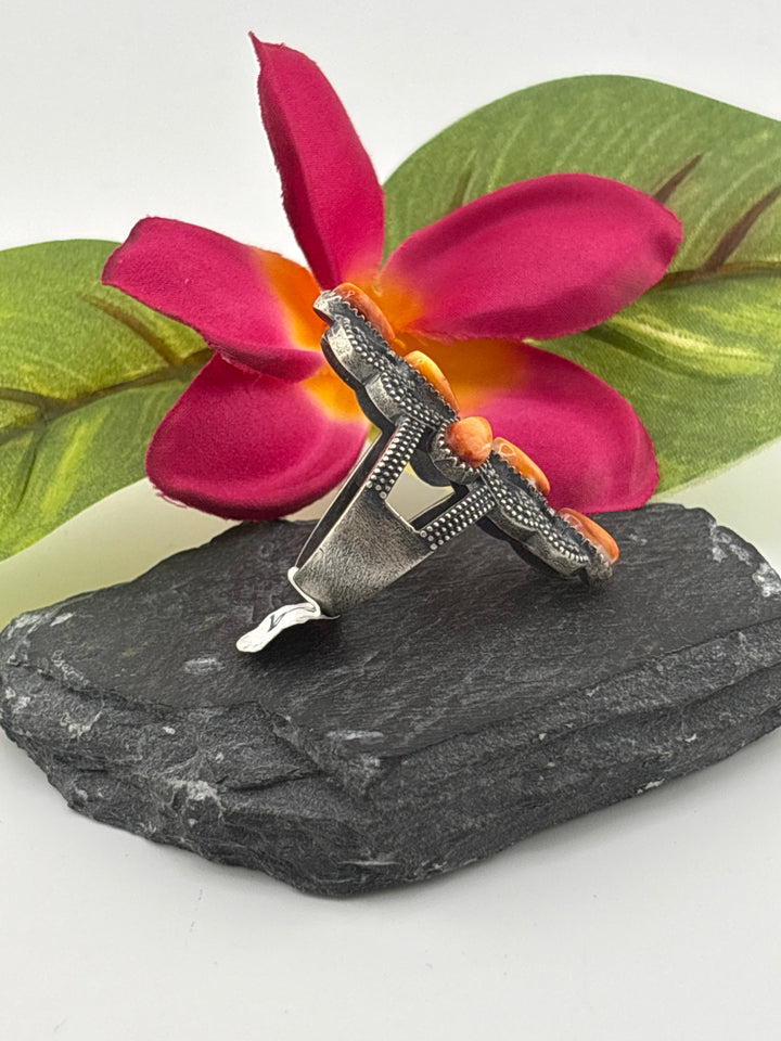 Orange Spiny oyster and 925 Sterling Silver Ring - Size 9