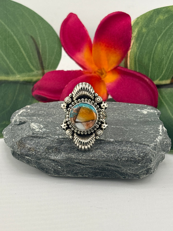 Spiny Oyster Copper Turquoise Ring Size 7