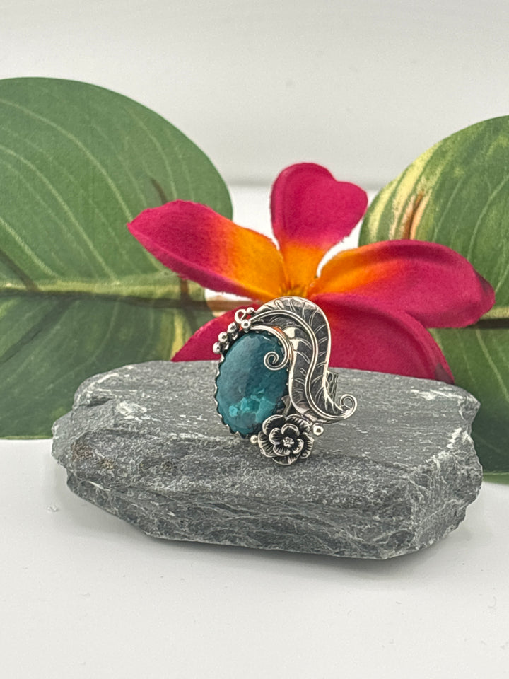 Hubei Turquoise w/Floral Design Ring Size 6 Adjustable