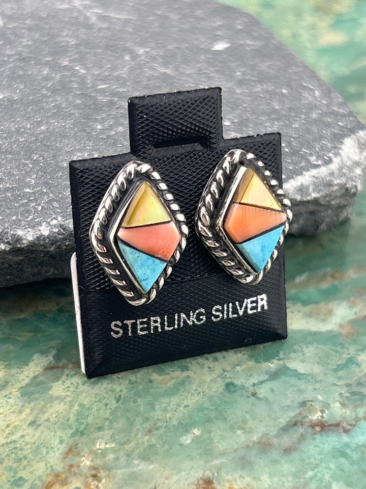 Regie 925 Sterling Silver Mosaic Multi-stone Stud Earrings