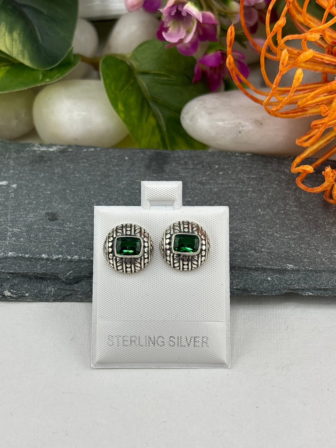 Green Bali CZ Stud Earrings