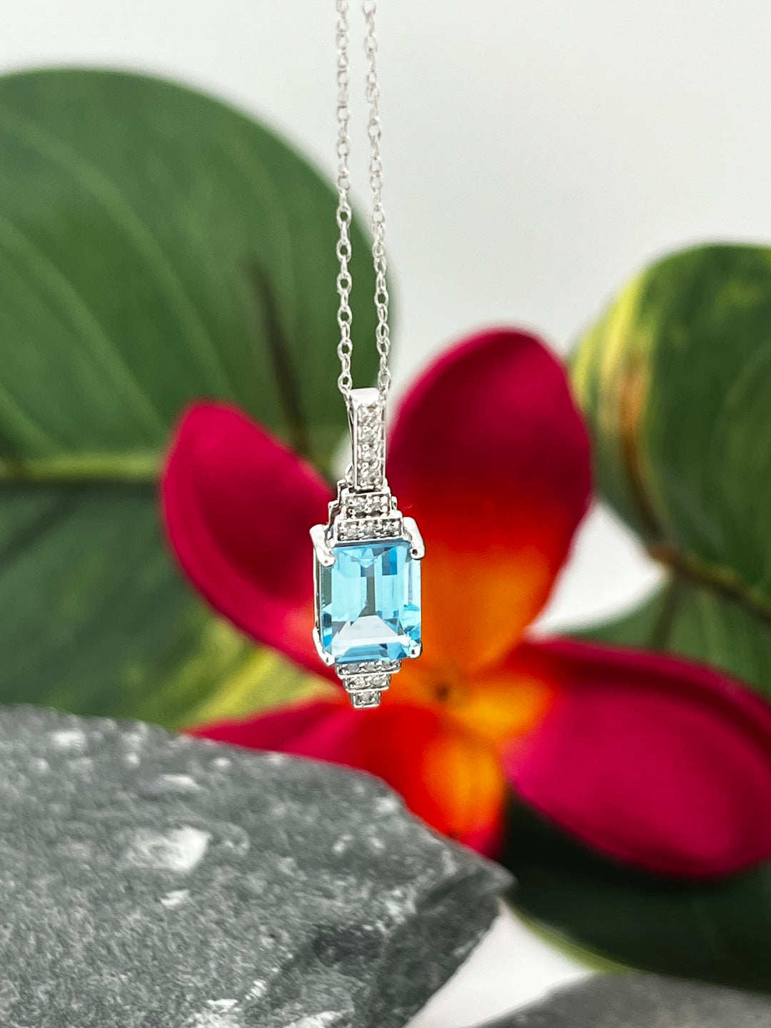 10K White Gold Blue Topaz and Diamond Necklace