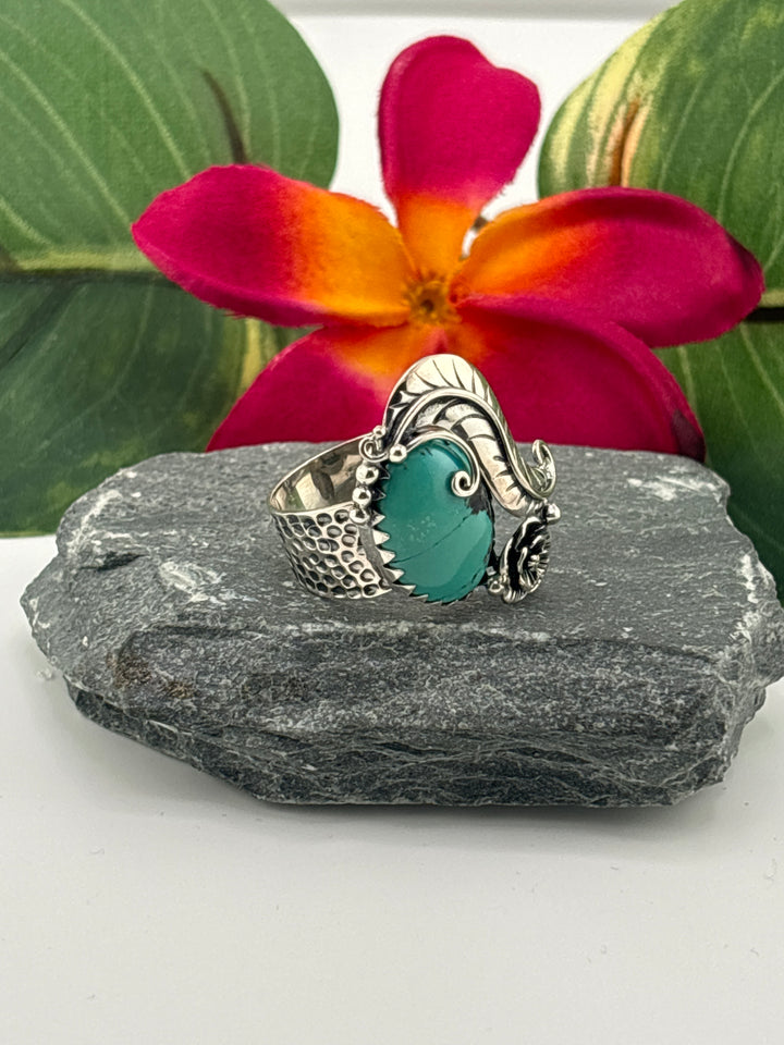 Hubei Turquoise w/Floral Design Ring Size 8 Adjustable