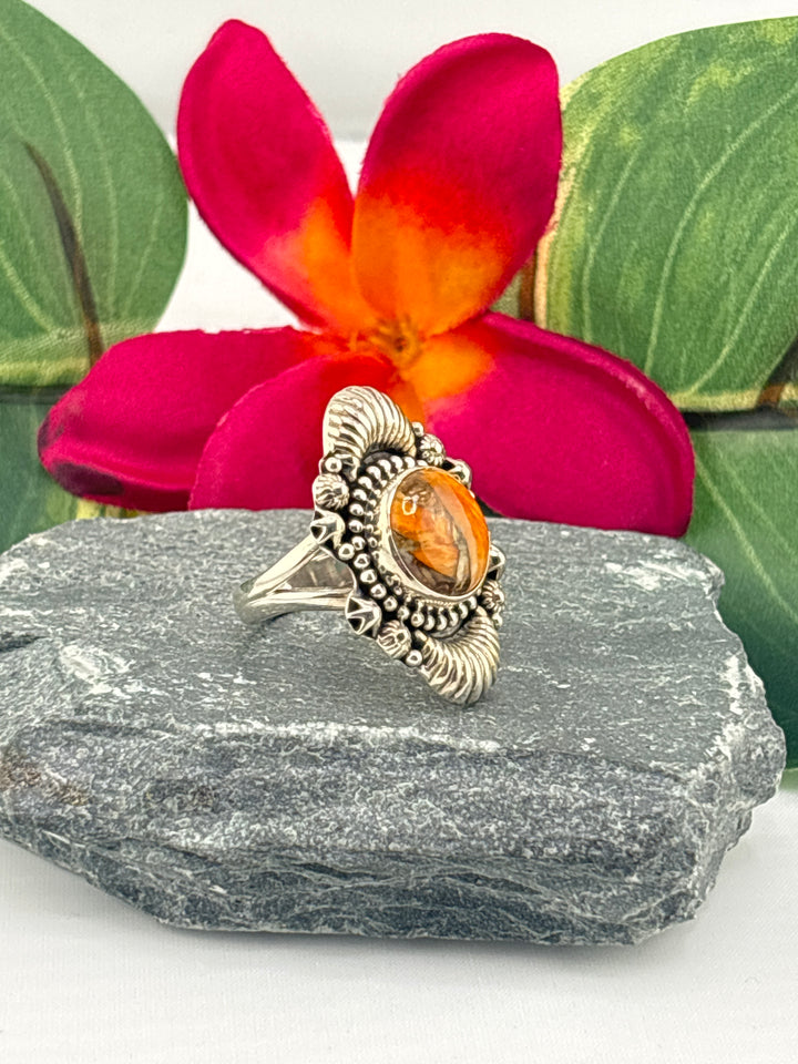 Spiny Oyster Copper Turquoise Ring Size 7