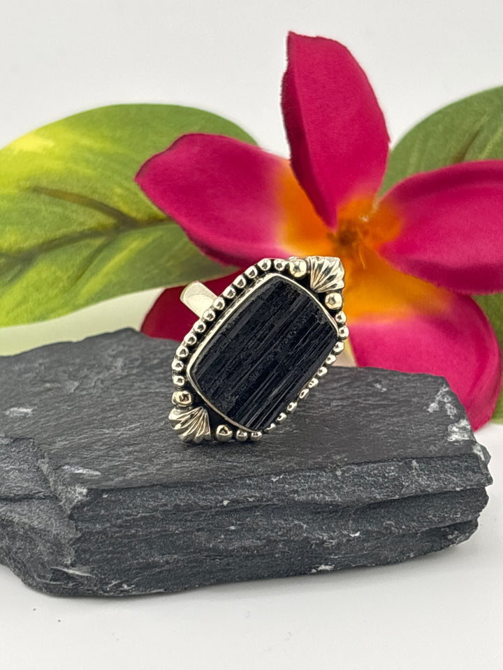 Raw Black Tourmaline and 925 Sterling Silver Ring Size 8