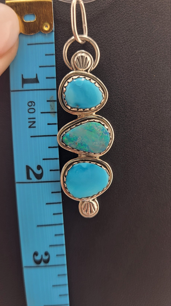 Turquoise, Australia Opal and 925 Sterling Silver 3 stone pendant.