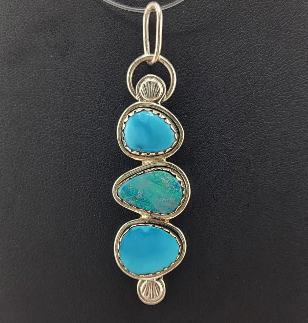 Turquoise, Australia Opal and 925 Sterling Silver 3 stone pendant.
