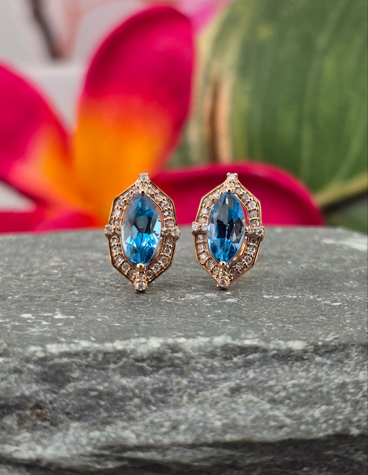 10k Rose Gold London Blue Topaz & Natural Diamond Post Back Earrings