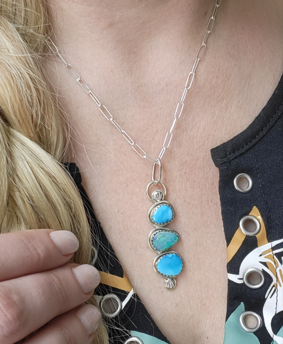 Turquoise, Australia Opal and 925 Sterling Silver 3 stone pendant.