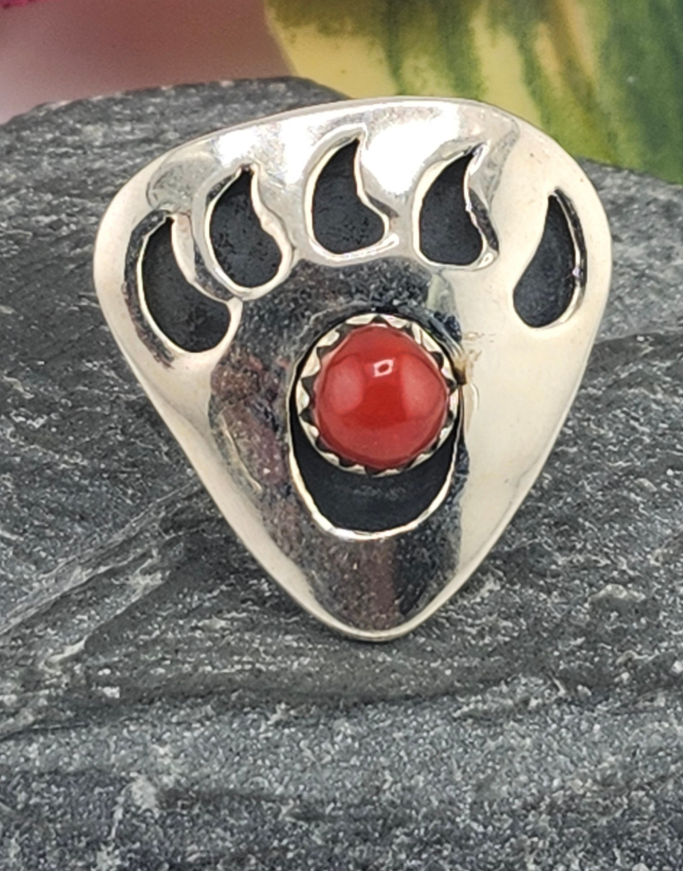 Italian Red Coral Bear Paw Print & 925 Sterling Silver Ring Size 9