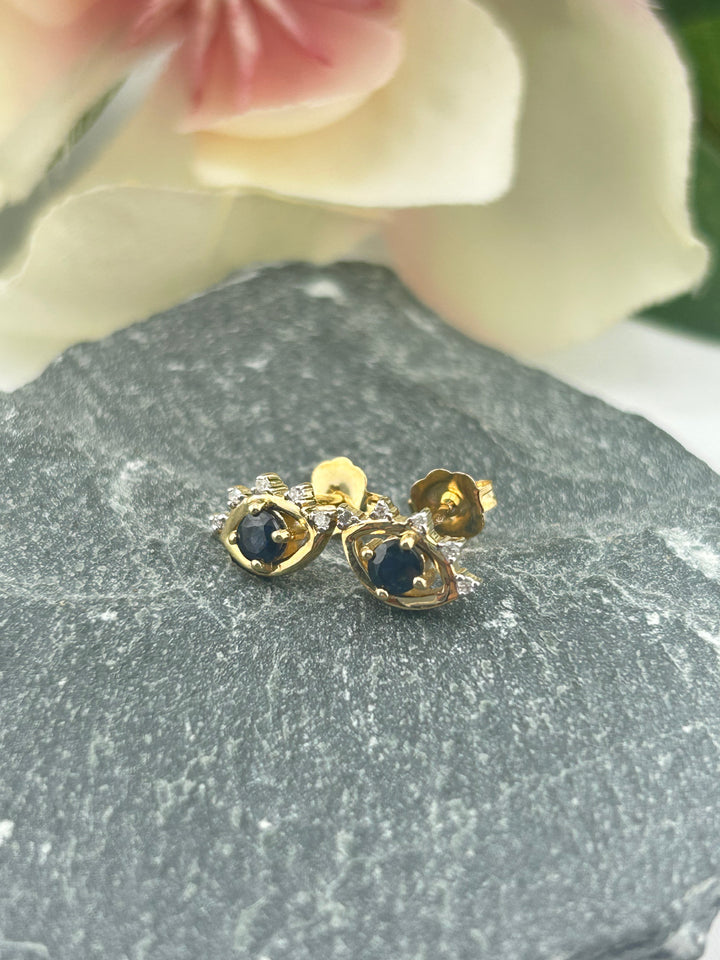 14K Gold Diamond & Sapphire Post-back Earrings