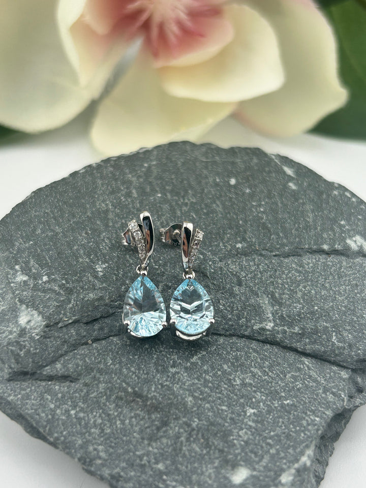 10K White Gold Diamond & Blue Topaz Post-back Earrings