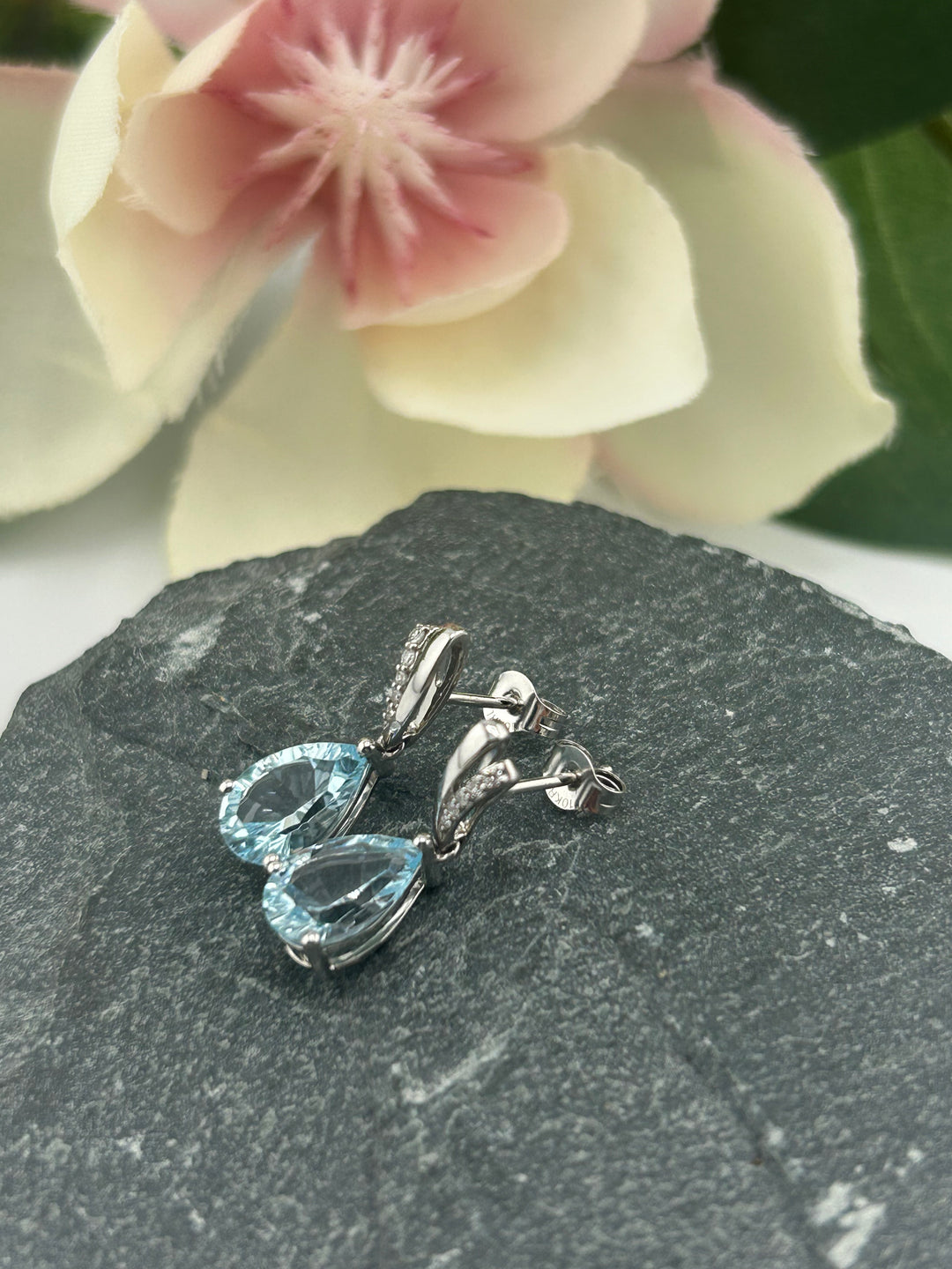 10K White Gold Diamond & Blue Topaz Post-back Earrings