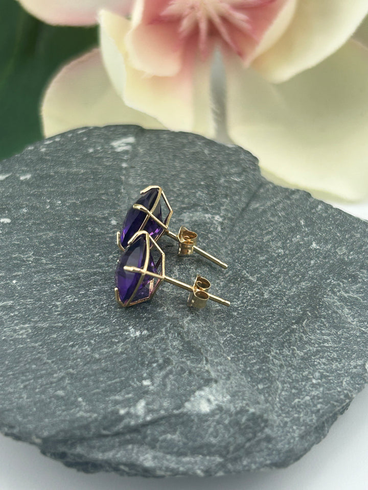 14K Gold Amethyst 8mm Post-back Earrings