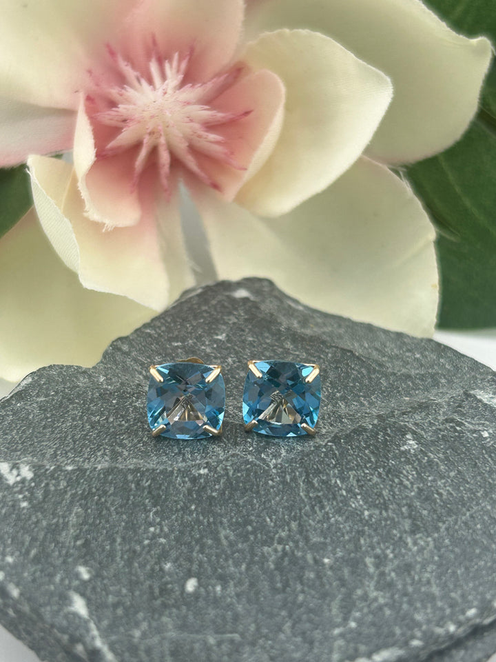 14K Gold Blue Topaz 8mm Post-back Earrings