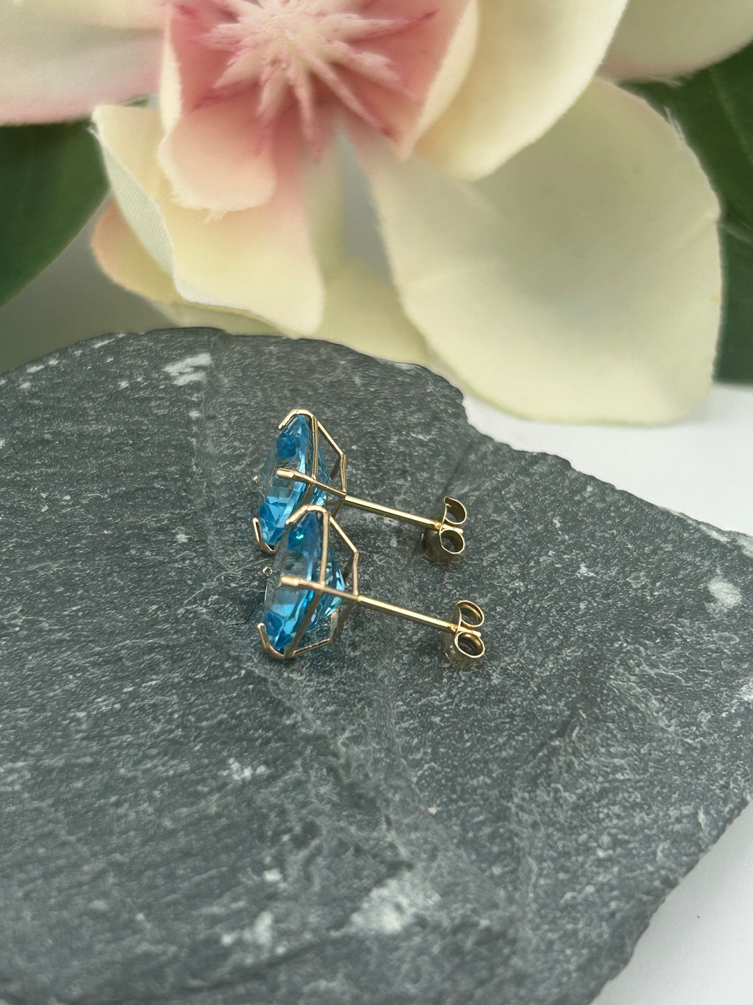 14K Gold Blue Topaz 8mm Post-back Earrings