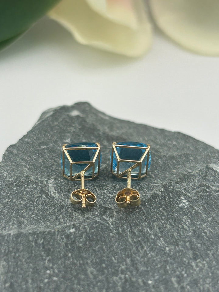 14K Gold Blue Topaz 8mm Post-back Earrings