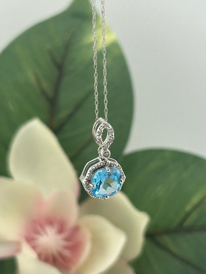 10K White Gold Diamond & Blue Topaz Necklace