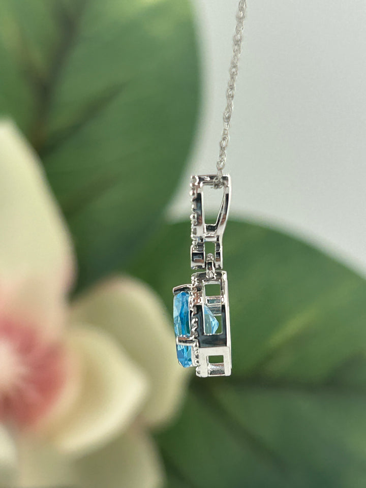 10K White Gold Diamond & Blue Topaz Necklace