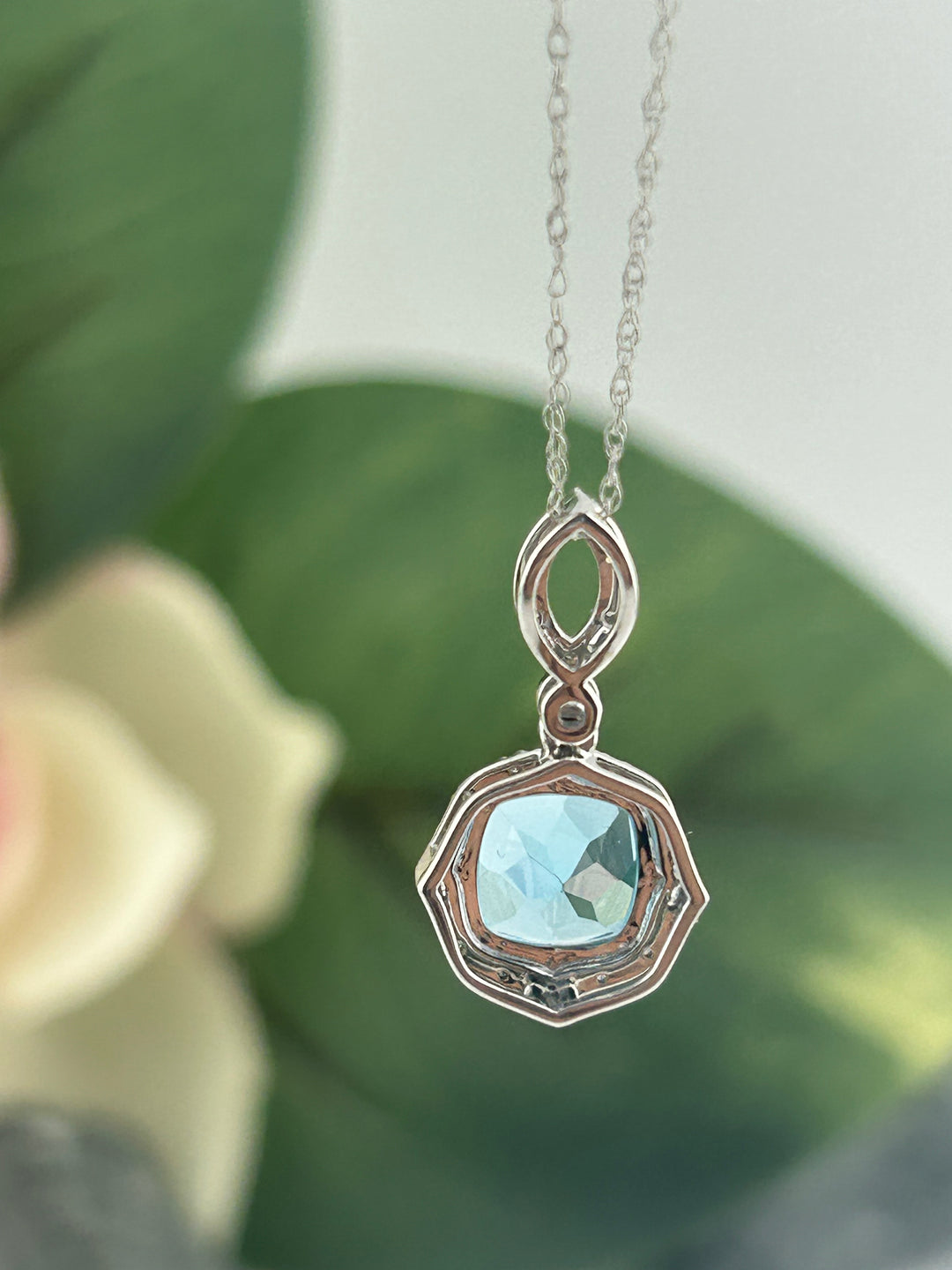 10K White Gold Diamond & Blue Topaz Necklace