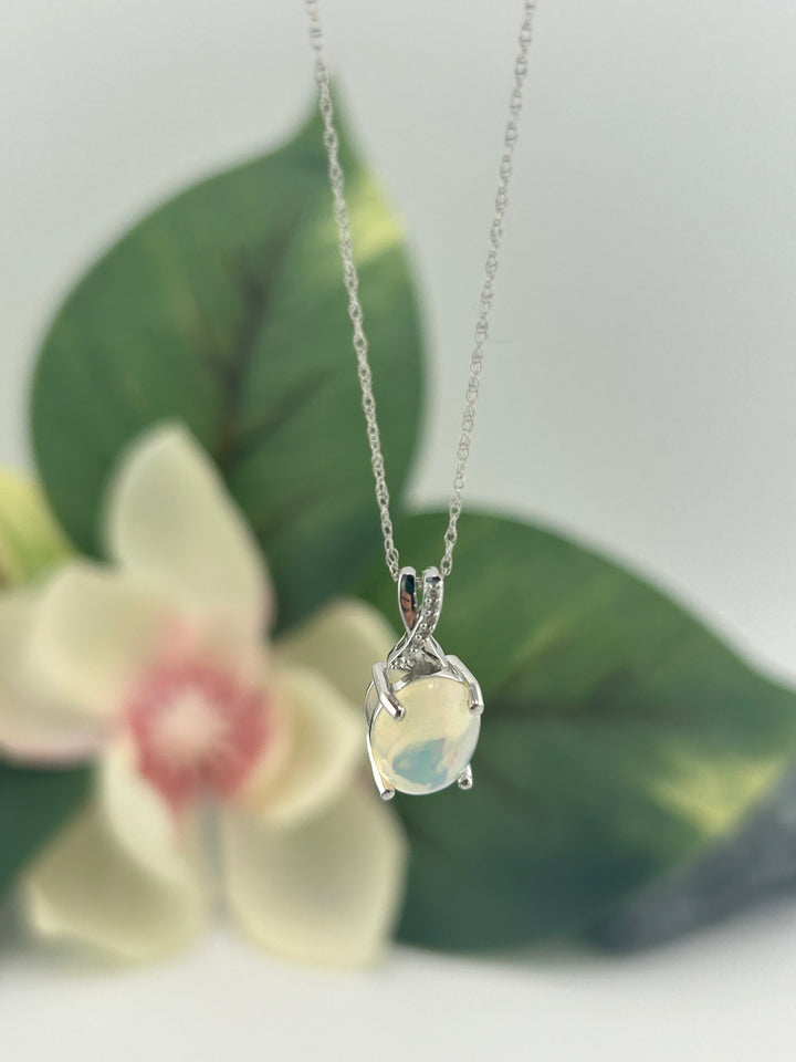 10K White Gold Diamond & Opal Necklace