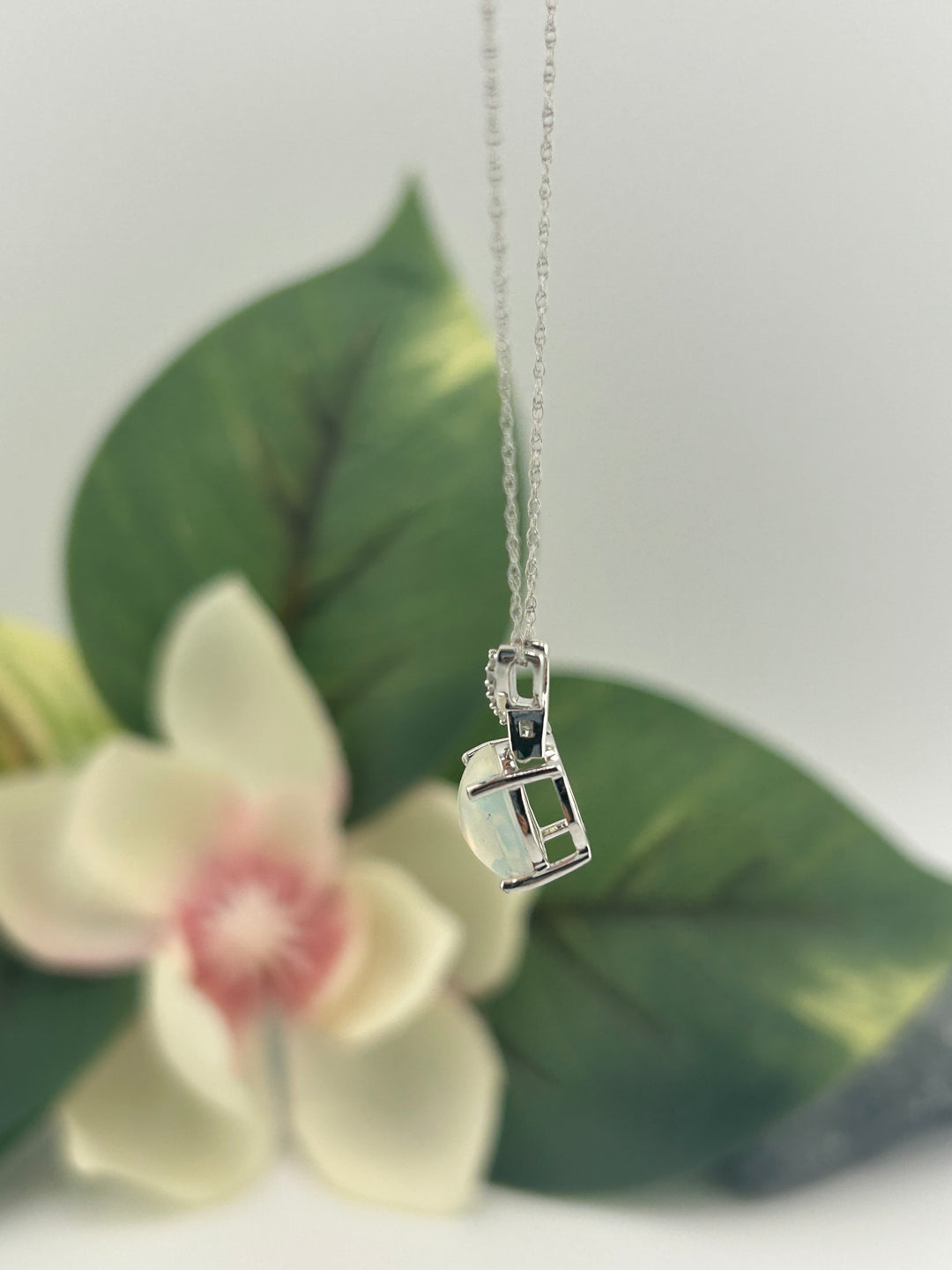 10K White Gold Diamond & Opal Necklace