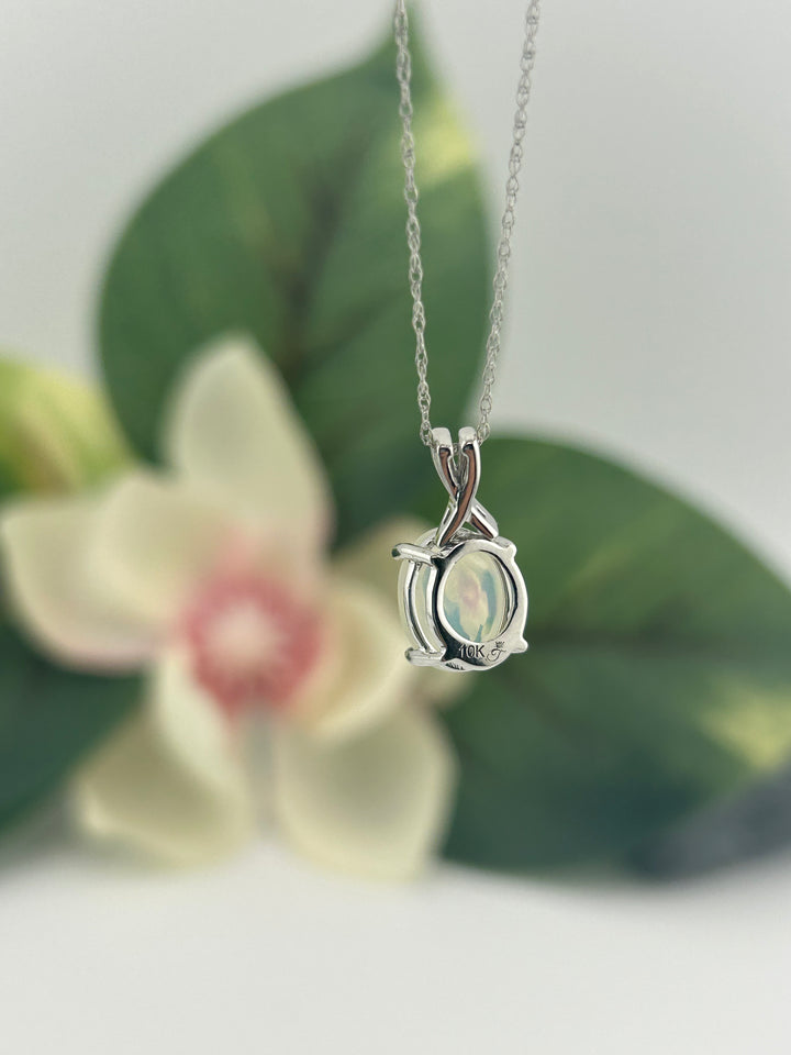 10K White Gold Diamond & Opal Necklace