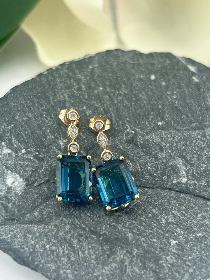 10K Gold Diamond & London Blue Topaz Post-back Earrings
