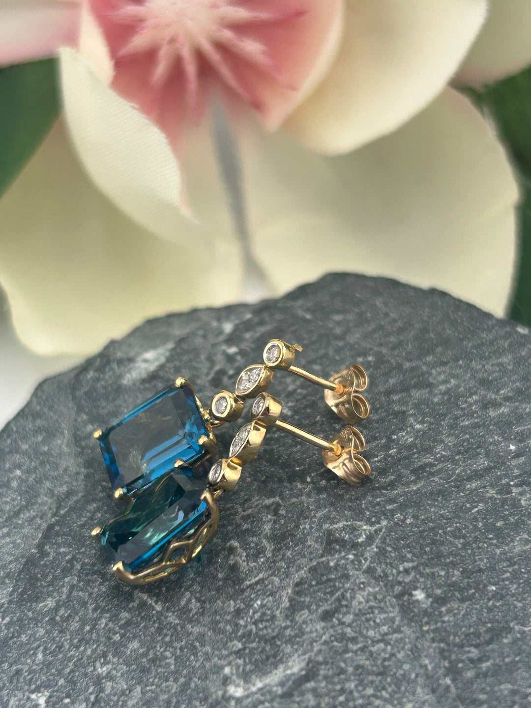 10K Gold Diamond & London Blue Topaz Post-back Earrings