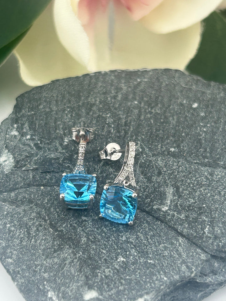 10K White Gold Diamond & Blue Topaz Post-back Earrings