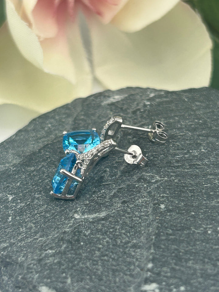 10K White Gold Diamond & Blue Topaz Post-back Earrings