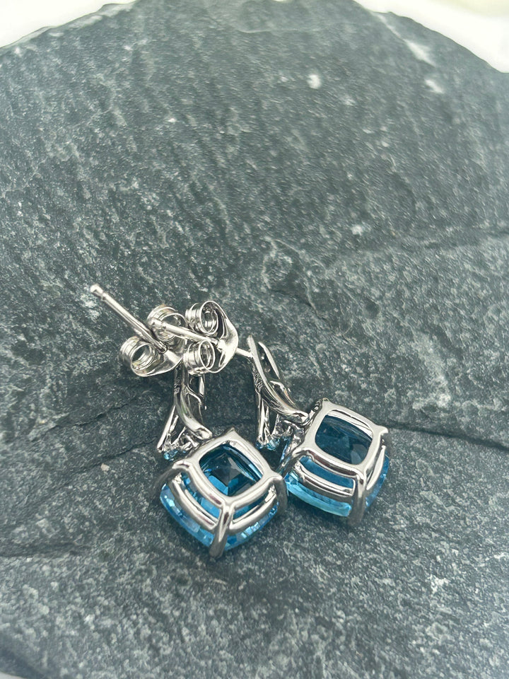 10K White Gold Diamond & Blue Topaz Post-back Earrings