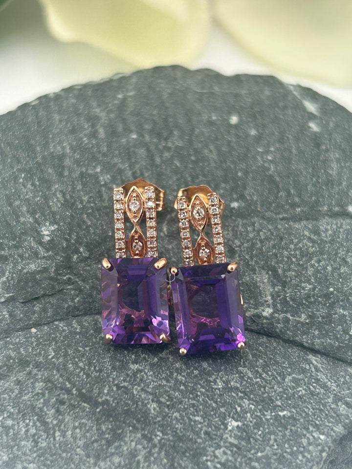 10K Gold Diamond & Amethyst Post-back Earrings